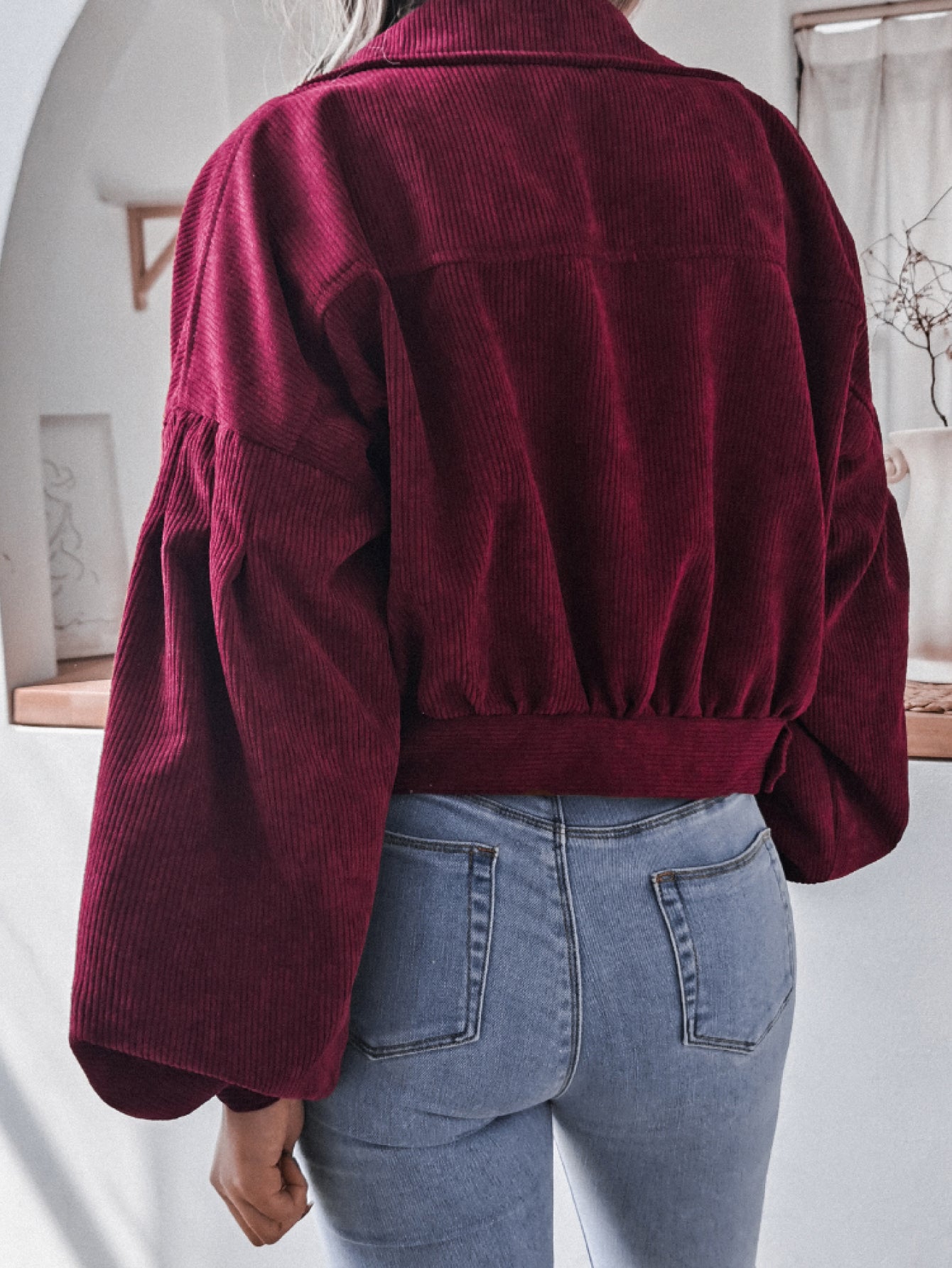 Lantern Sleeve Cropped Corduroy Jacket