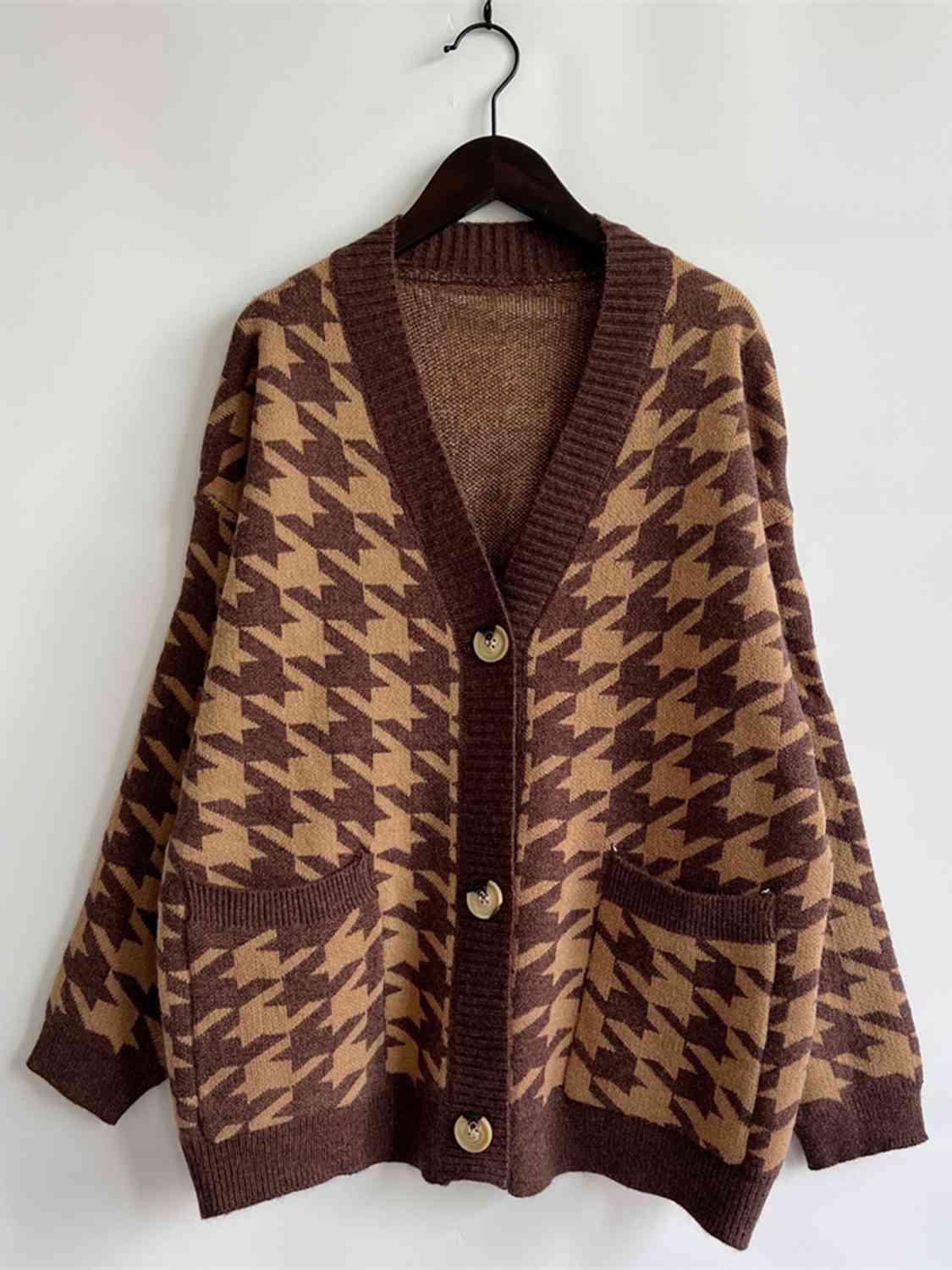 Houndstooth Botton Front  Cardigan with Pockets