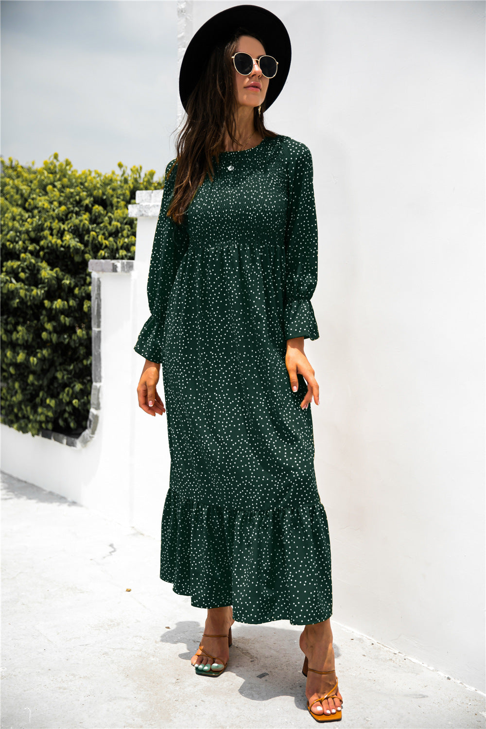 Printed Puff Sleeve Ruffle Maxi Dress