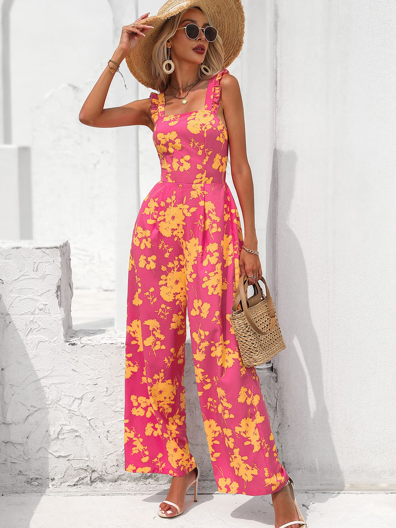 Floral Square Neck Cutout Tie Back Jumpsuit