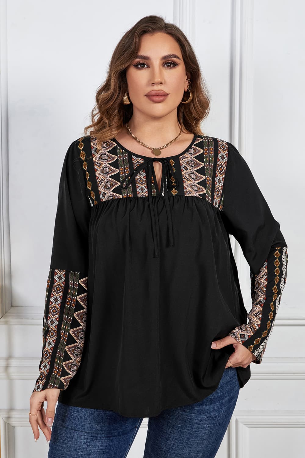 Plus Size Printed Round Neck Tie Front Blouse