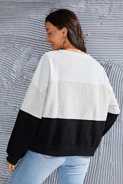 Color Block Round Neck Long Sleeve Sweatshirt