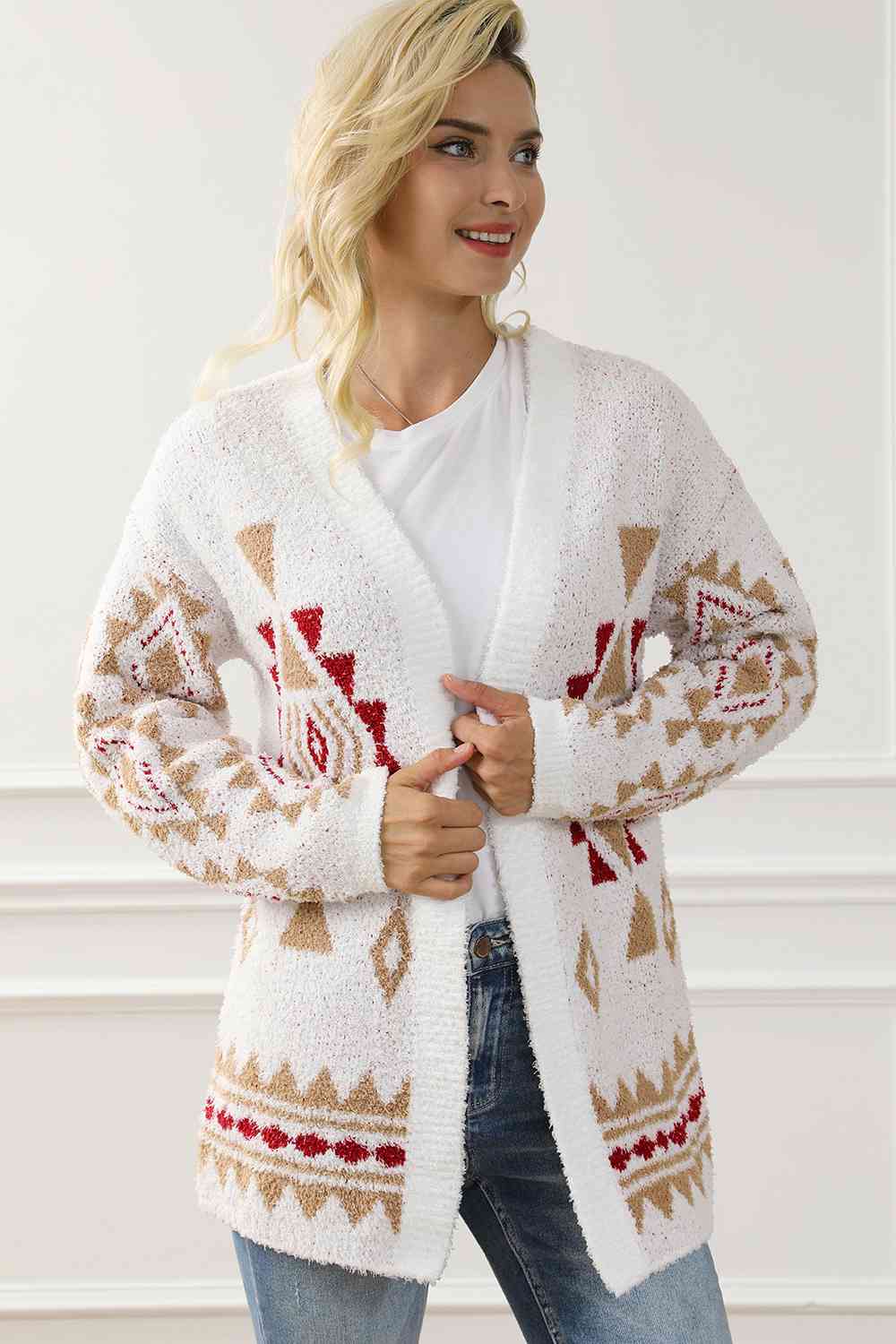 Geometric Open Front Long Sleeve Cardigan