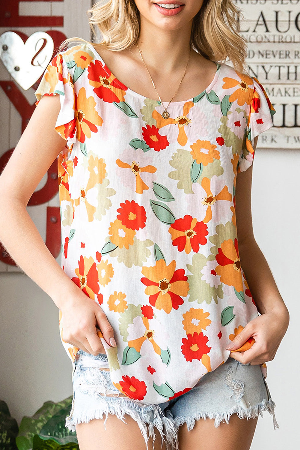 Floral Flutter Sleeve Round Neck Blouse