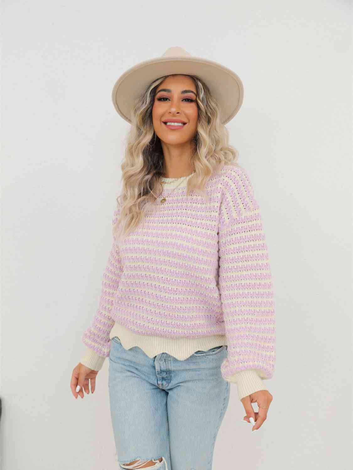 Striped Buttoned Round Neck Sweater