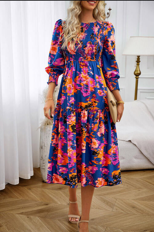 Printed Smocked Lantern Sleeve Ruffled Dress