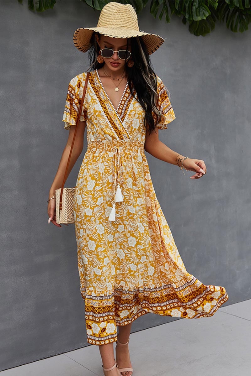 Bohemian Flutter Sleeve Wrap Top Dress