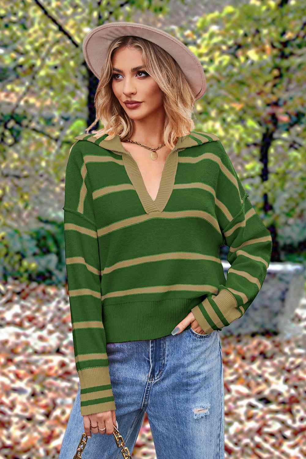 Striped Collared Long Sleeve Sweater