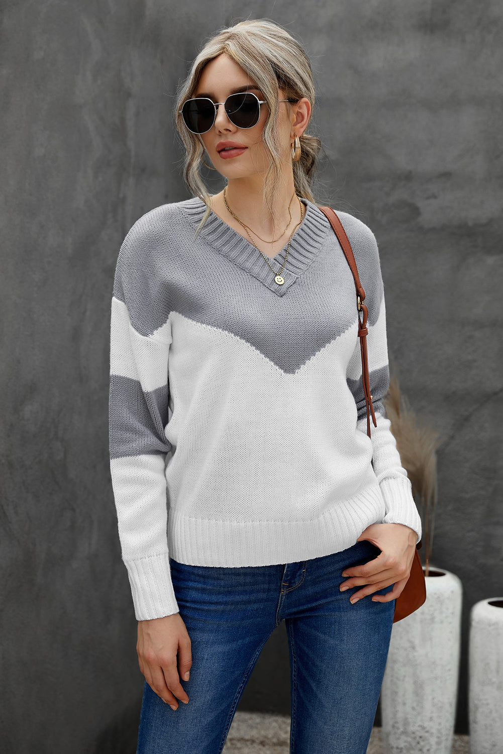 Chevron Color Block V-Neck Dropped Shoulder Sweater