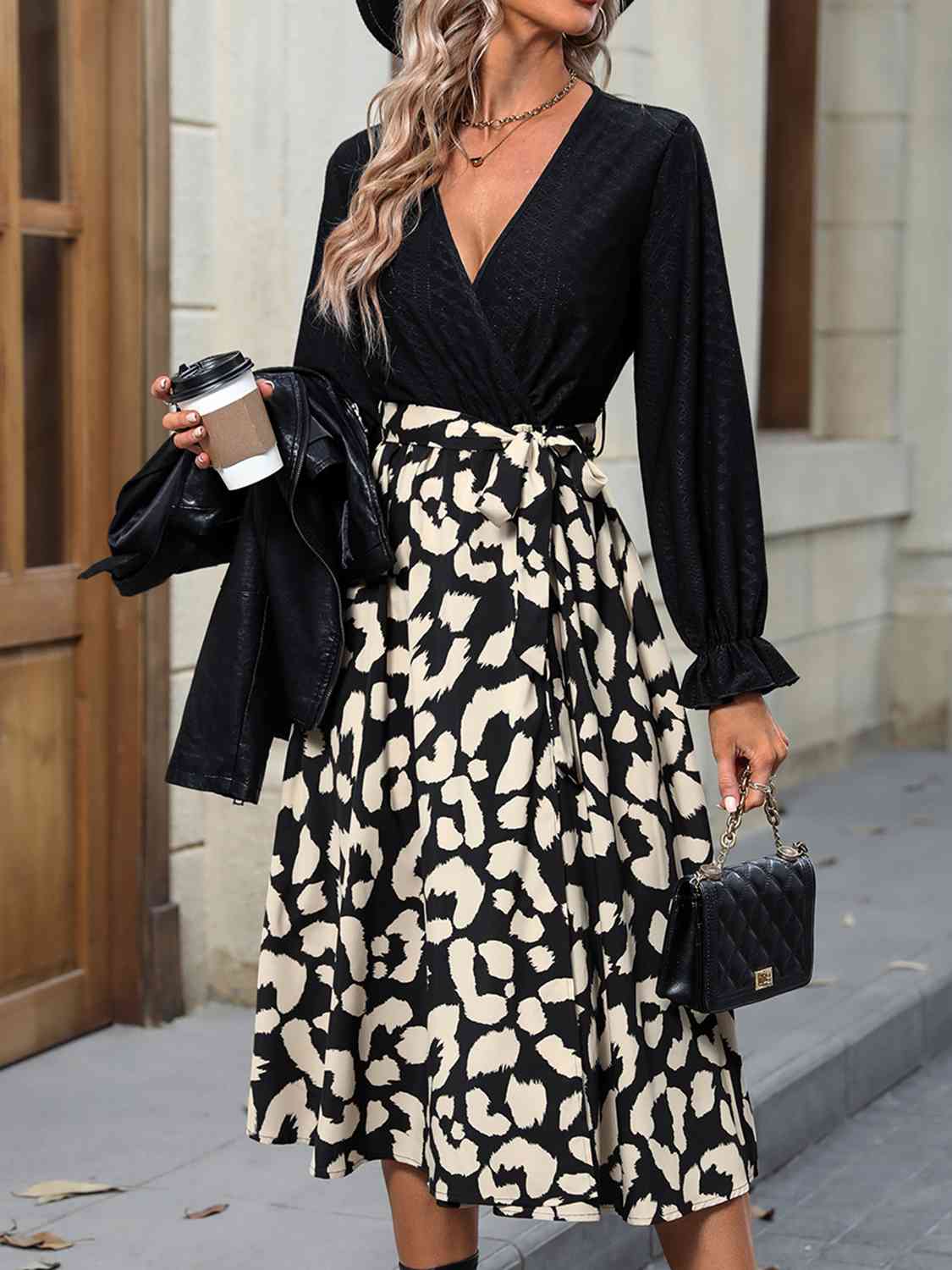 Leopard Surplice Neck Tied Dress