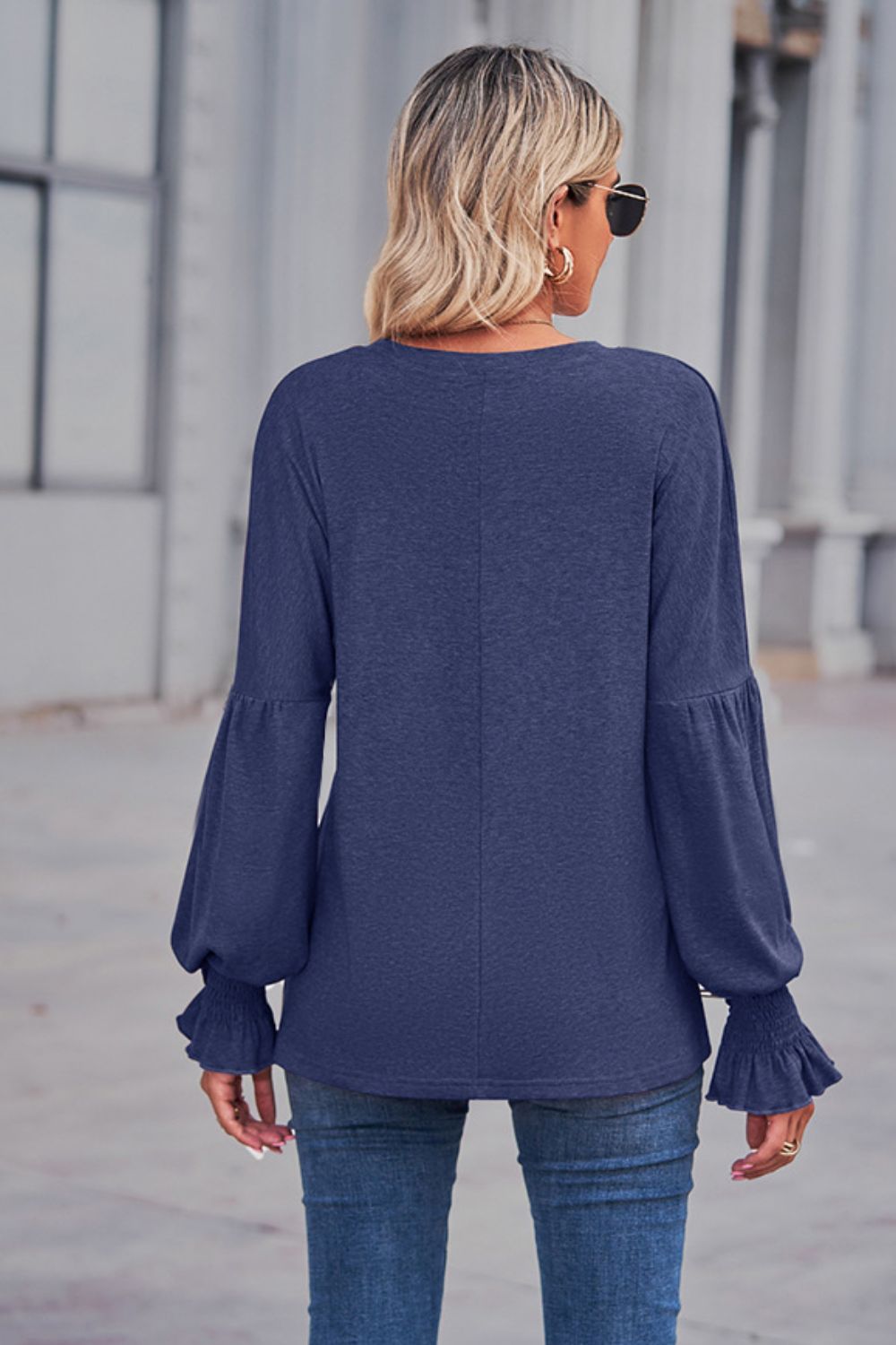 Long Flounce Sleeve Round Neck Top