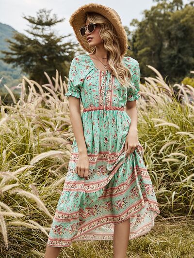 Tied Flounce Sleeve Printed Midi Dress