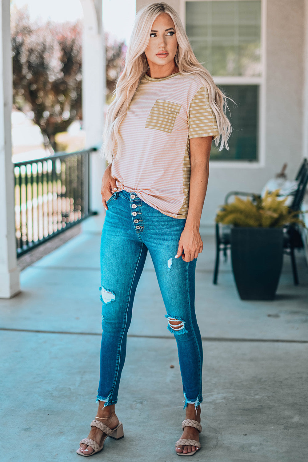 Striped Contrast T-Shirt with Breast Pocket