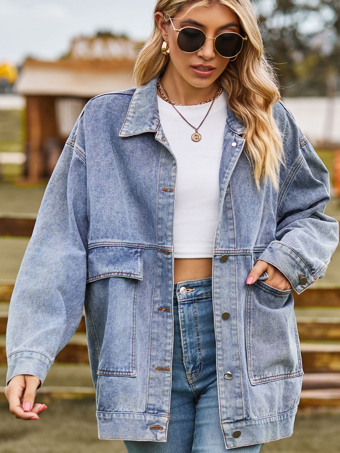 Dropped Shoulder Denim Jacket with Pockets