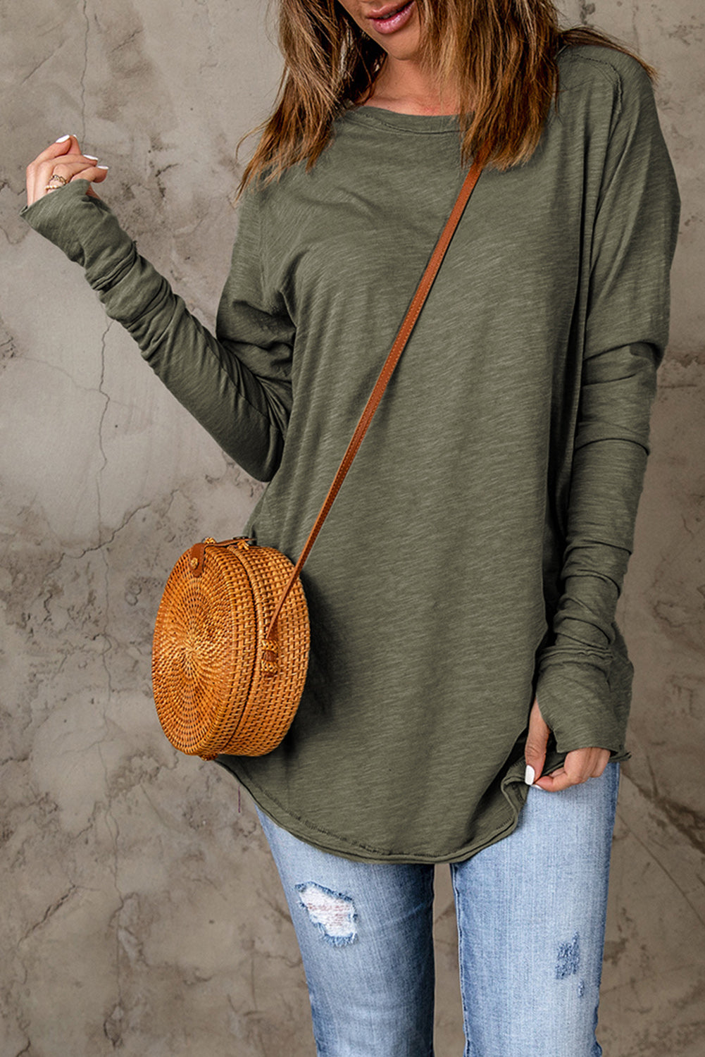 Thumbhole Long Sleeve Round Neck Top