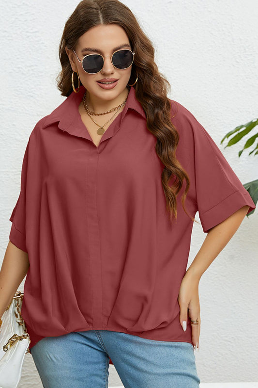 Plus Size Collared Half Sleeve Hem Detail Top