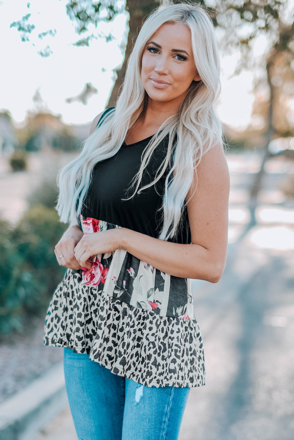 Leopard Floral Color Block V-Neck Tank Top