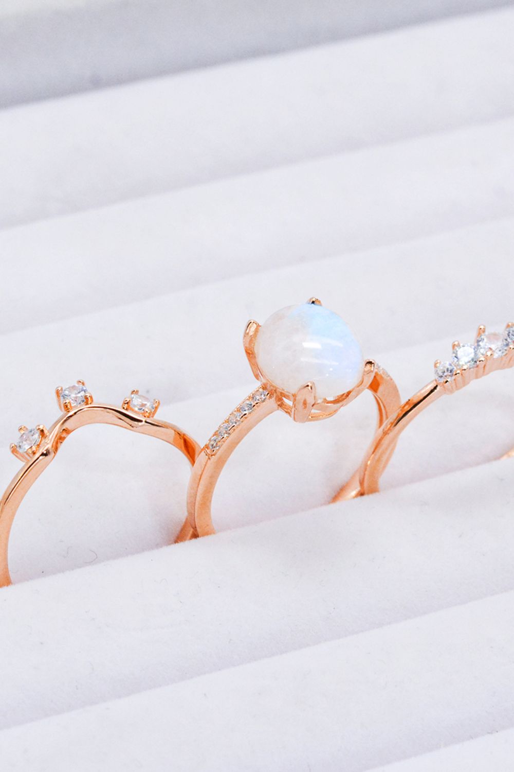 Natural Moonstone and Zircon Three-Piece Ring Set