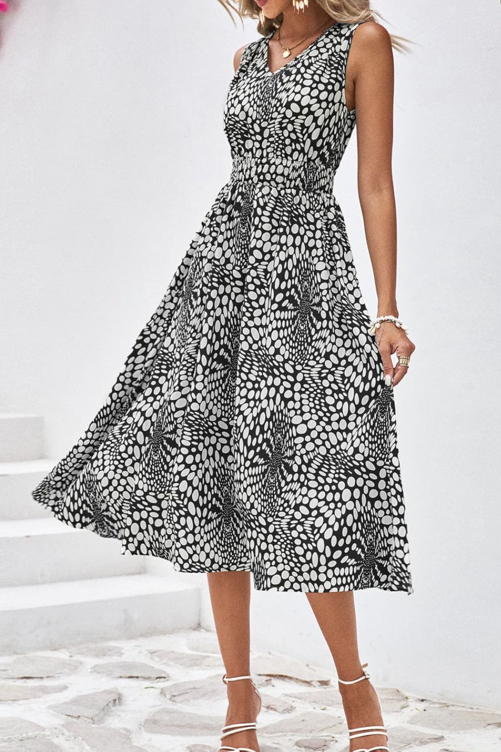 Printed V-Neck Sleeveless Dress