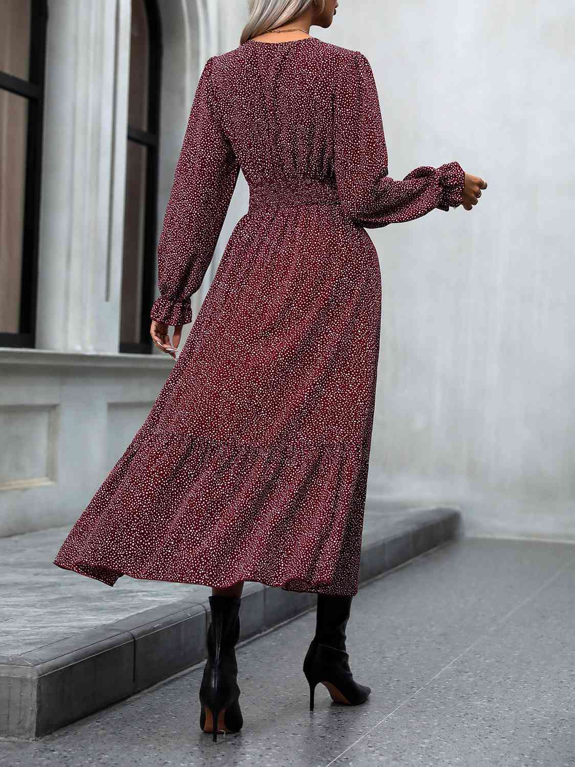 V-Neck Flounce Sleeve Dress