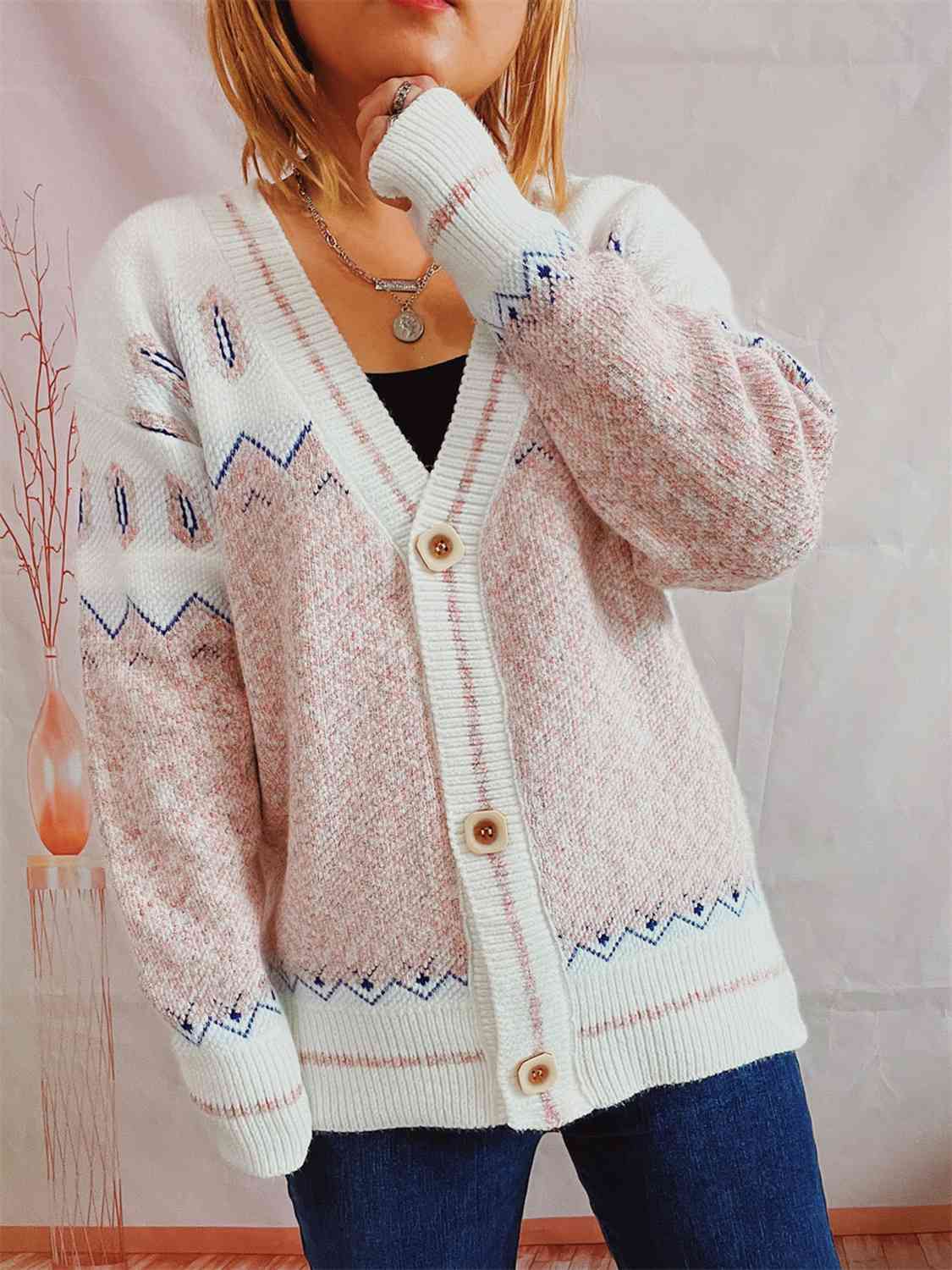 Geometric Button Front Long Sleeve Cardigan