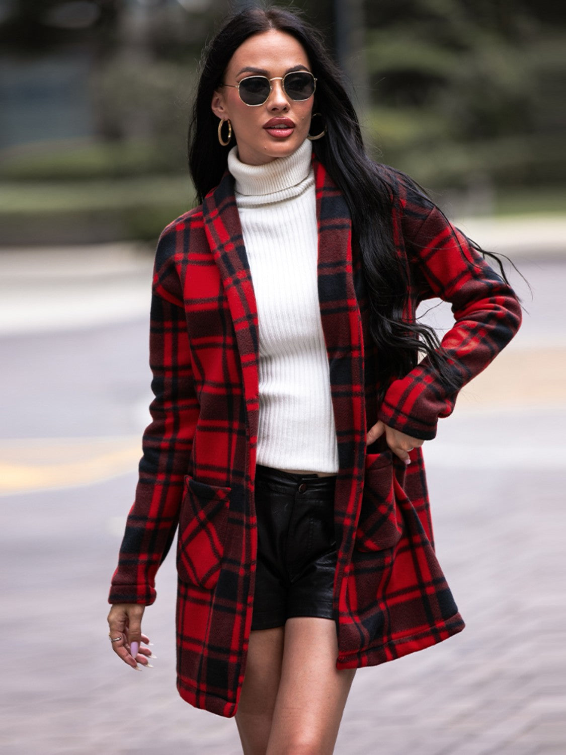 Plaid Shawl Collar Coat with Pockets