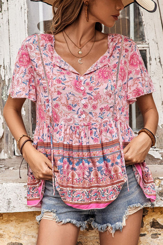 Bohemian Decorative Button Tie-Neck Peplum Blouse