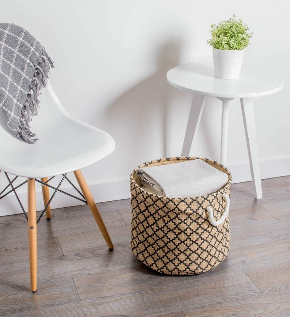 Burlap Bin Lattice Black Round Large 15X16X16 