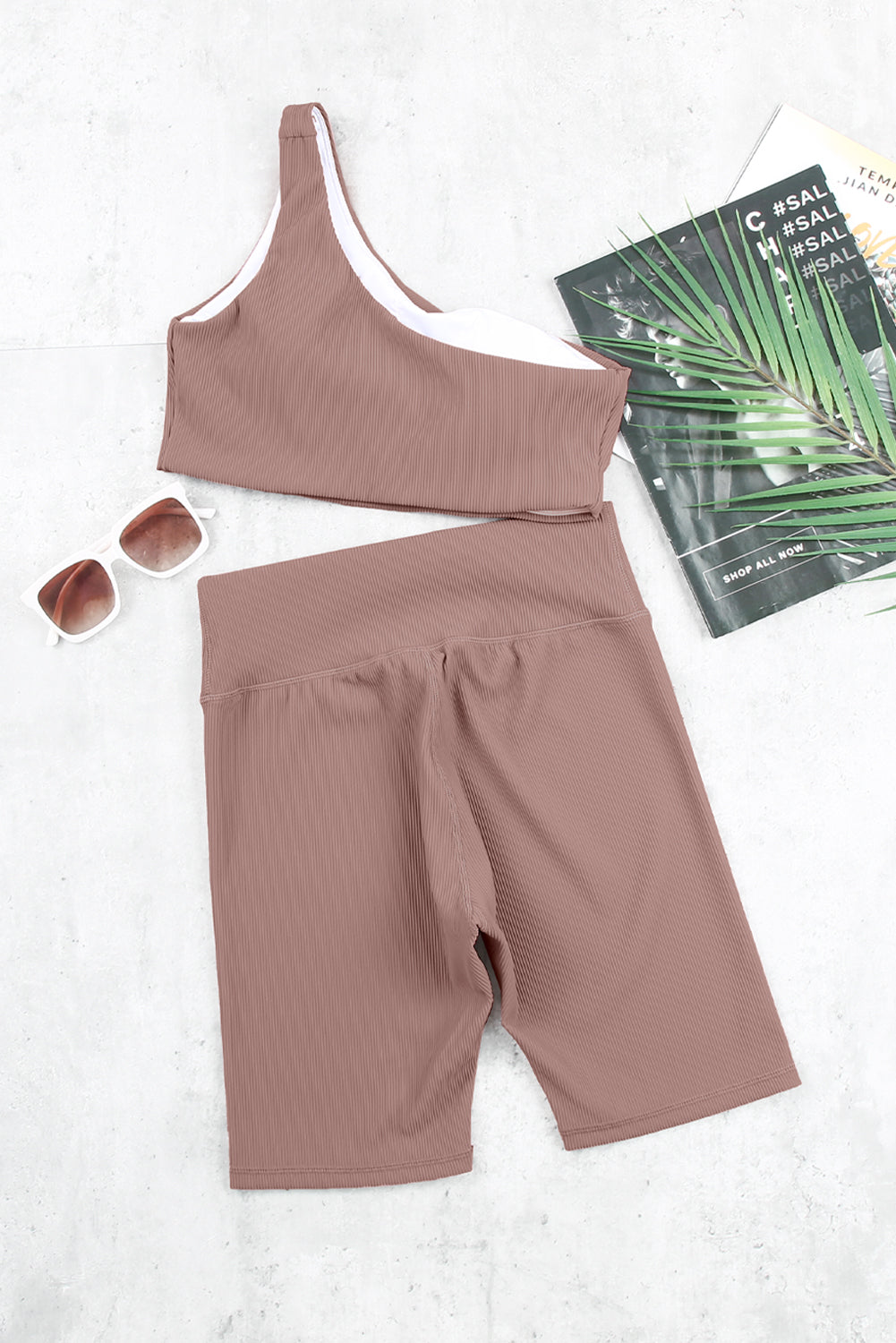 One-shoulder Sports Bra and Biker Shorts Set