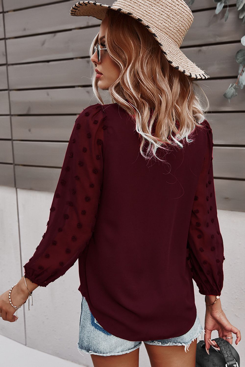 Swiss Dot Puff Sleeves V-Neck Blouse