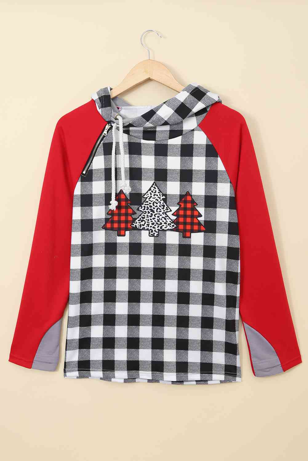 Christmas Tree Graphic Plaid Raglan Sleeve Hoodie