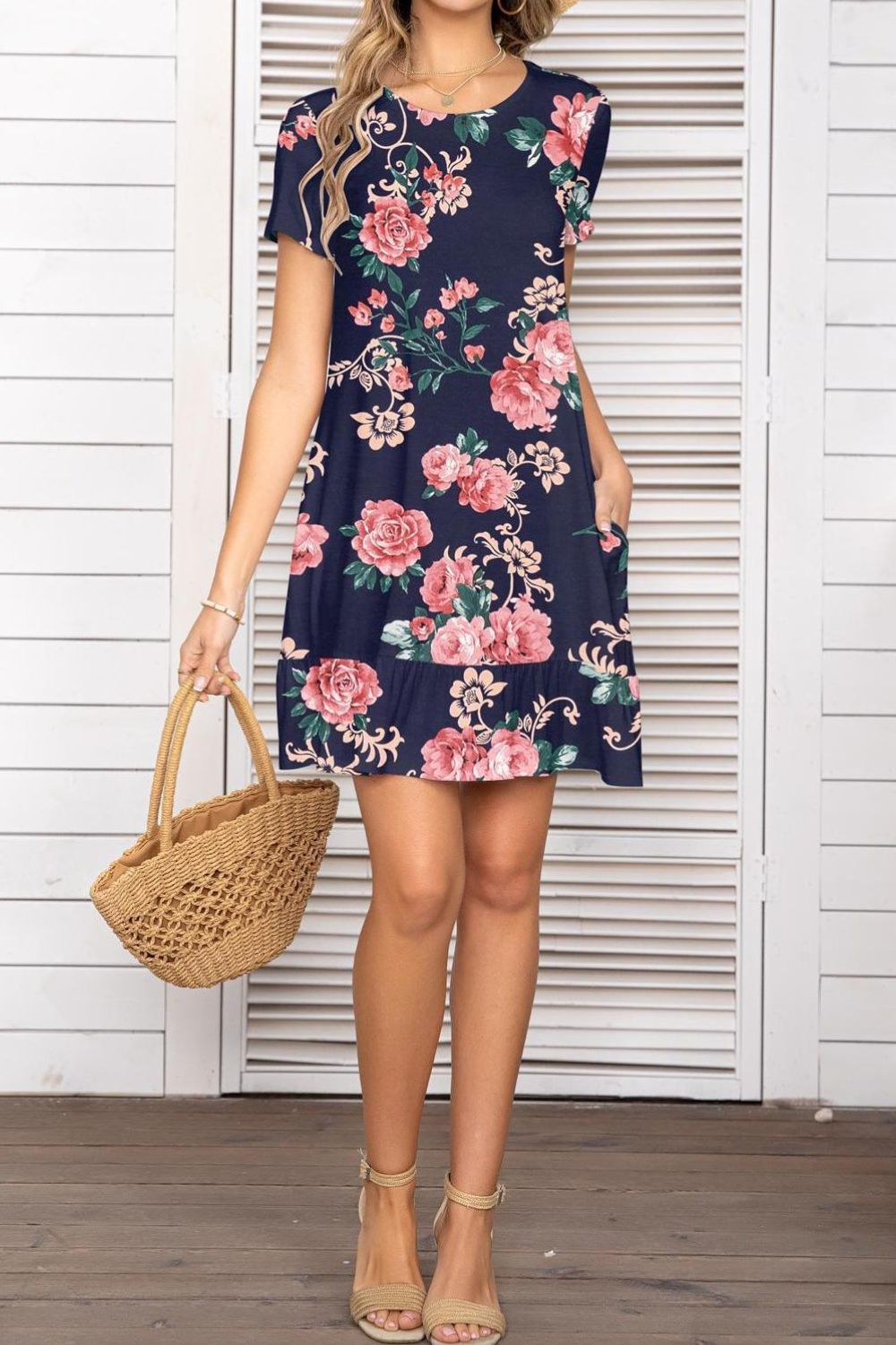 Printed Round Neck Short Sleeve Mini Dress with Pockets