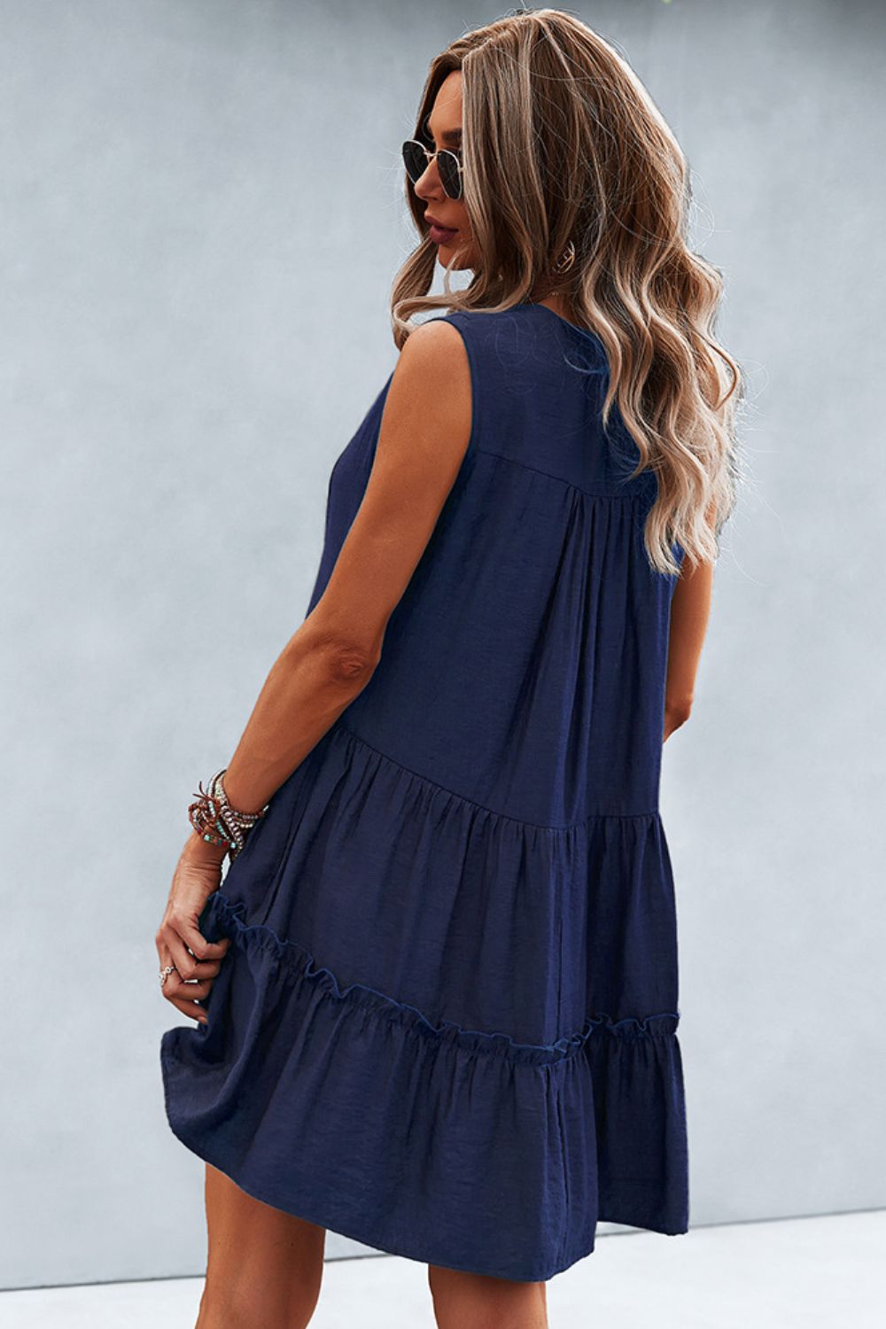 Frill Trim Notched Sleeveless Tiered Dress