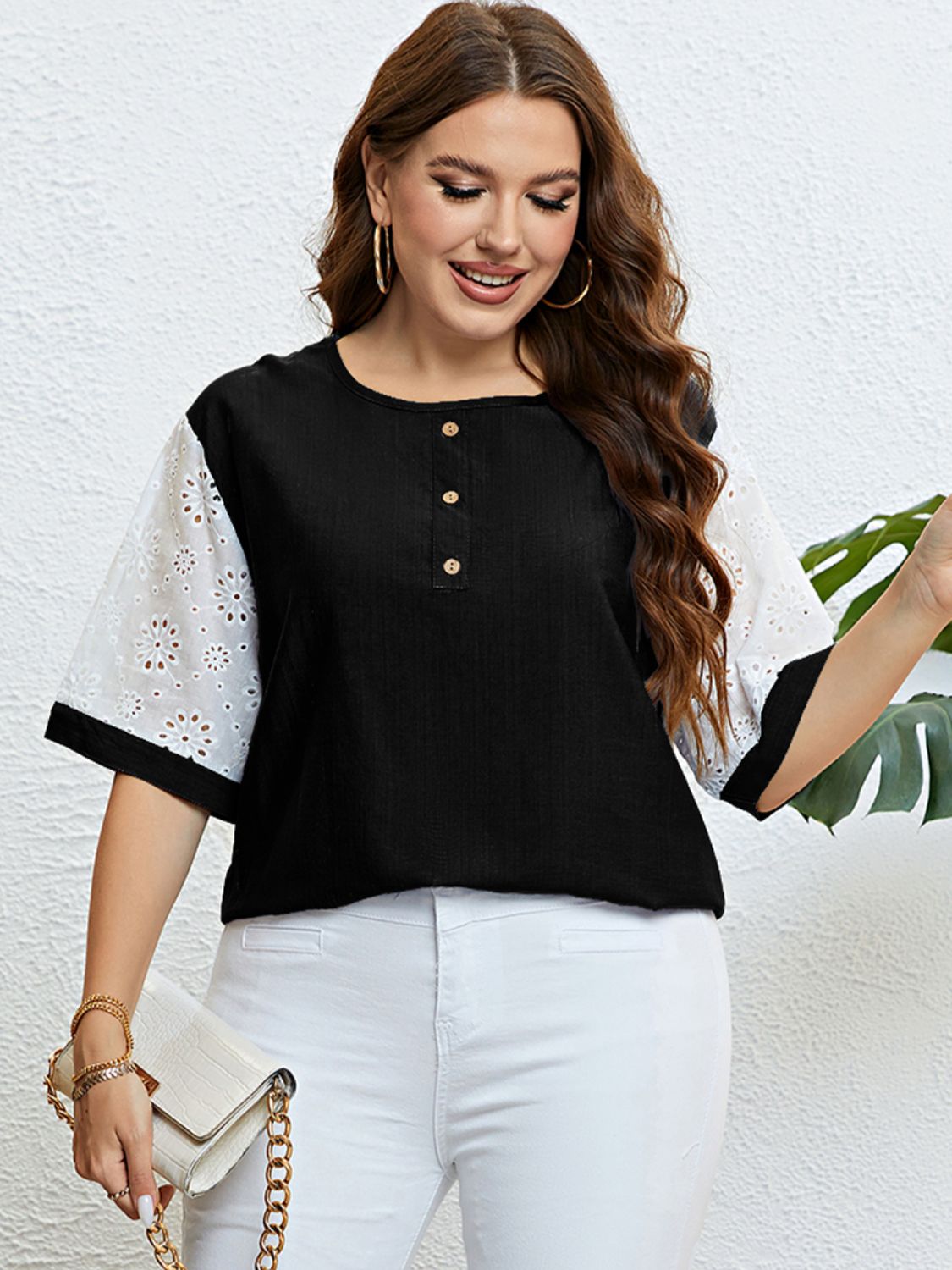 Plus Size Contrast Decorative Button Half Sleeve Top