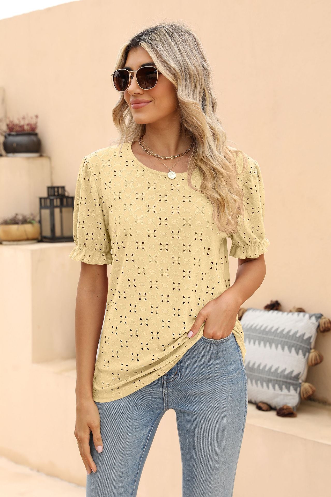 Openwork Round Neck Flounce Sleeve T-Shirt