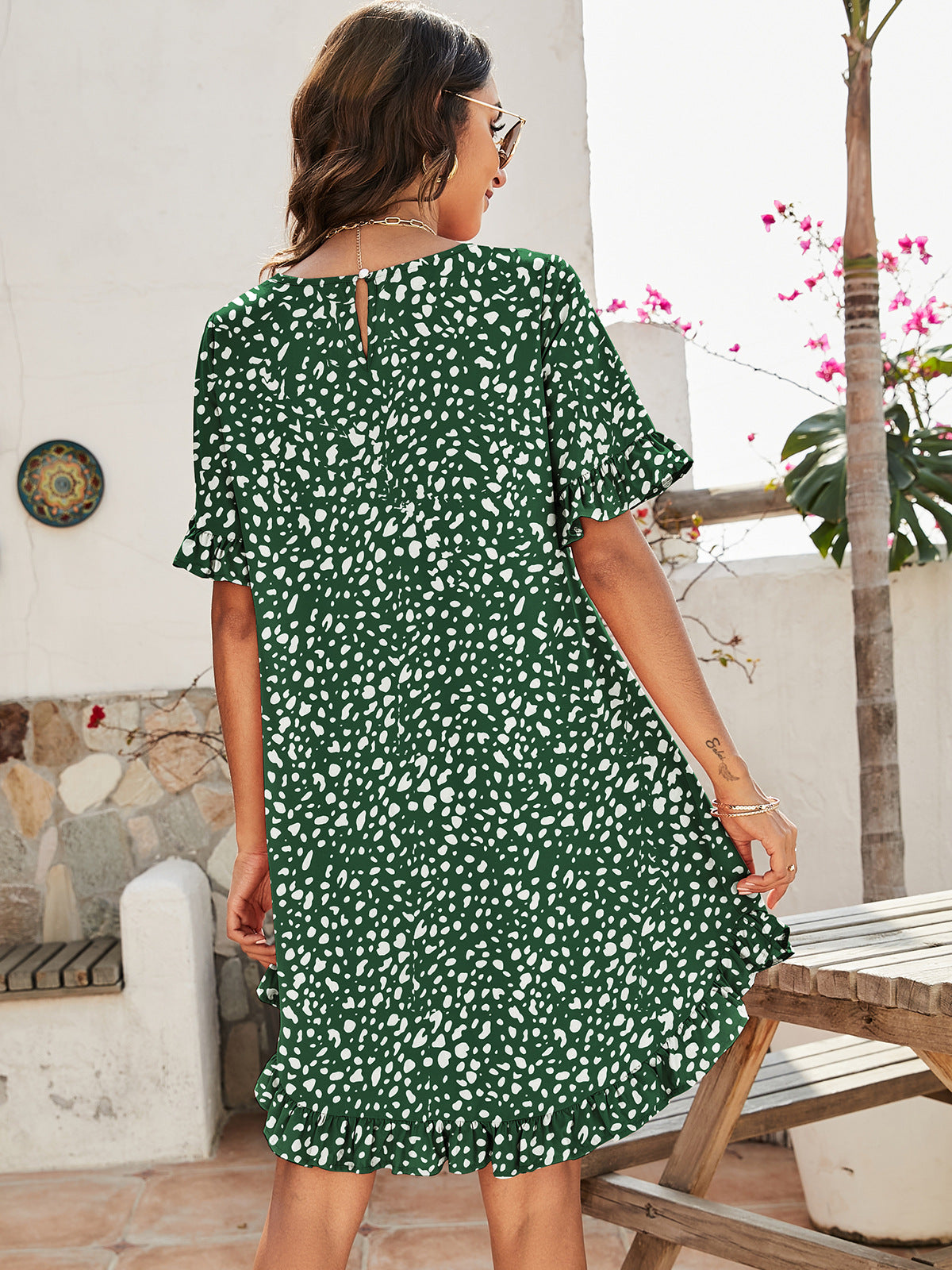 Printed Flounce Sleeve Ruffle Hem Dress