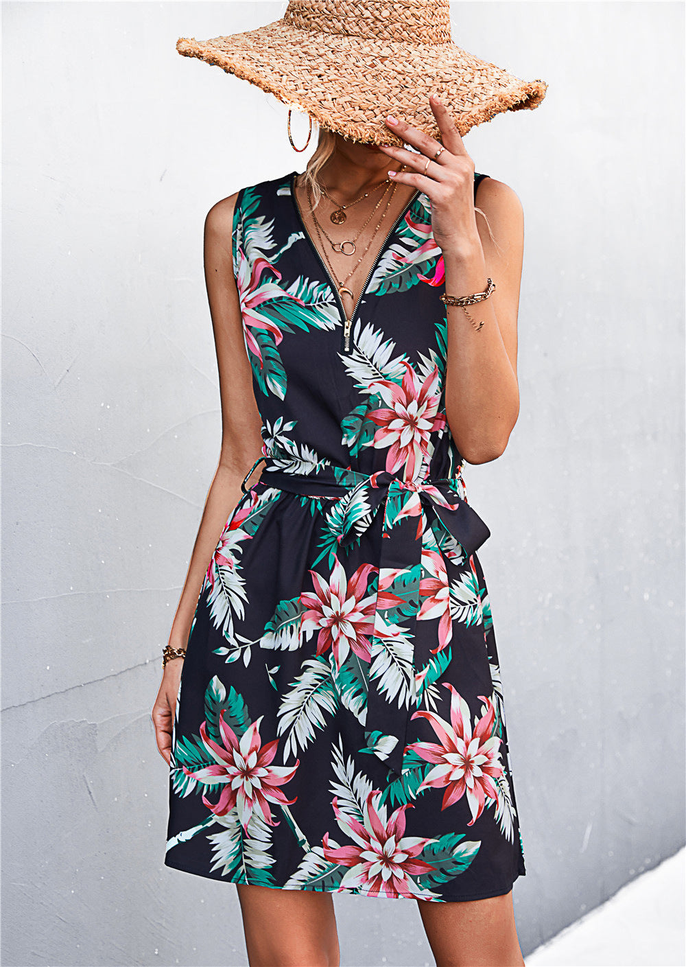 Printed Zip Detail Belted Sleeveless Dress