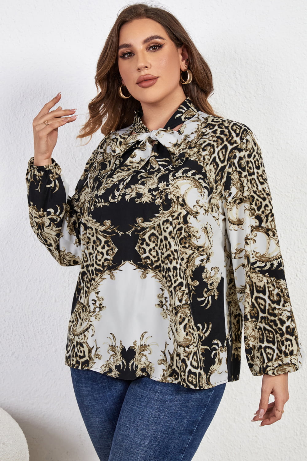 Plus Size Printed Tie Neck Long Sleeve Blouse