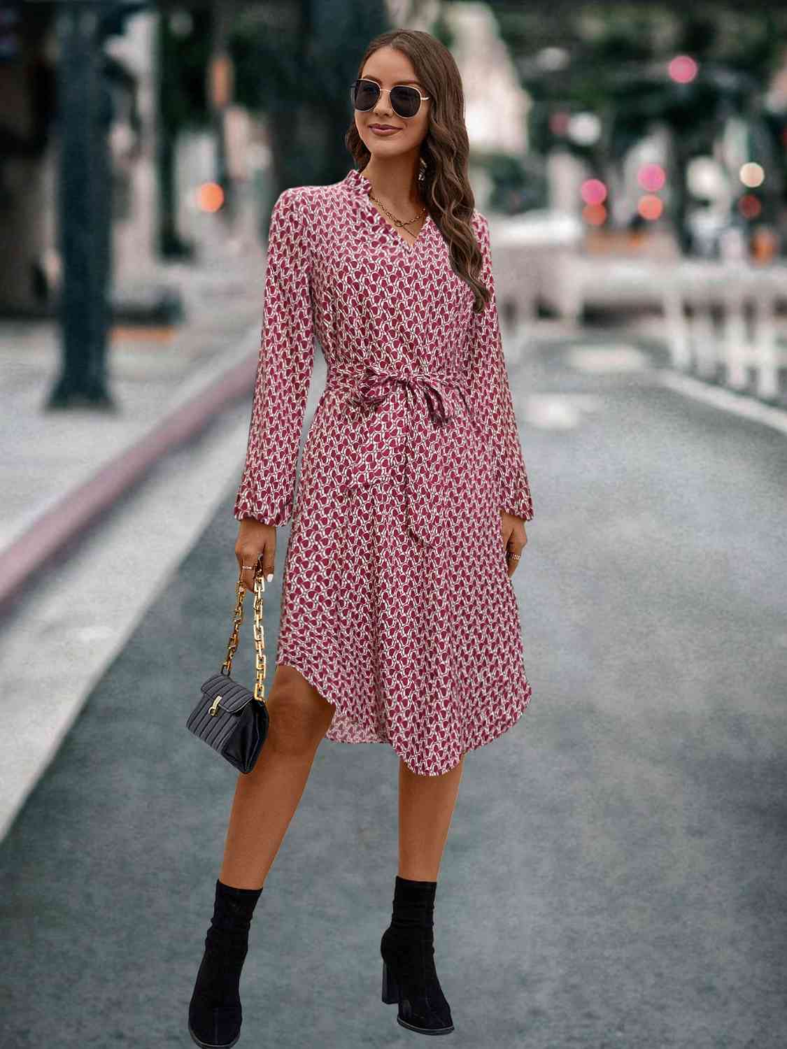 Printed Notched Tie Front Long Sleeve Dress