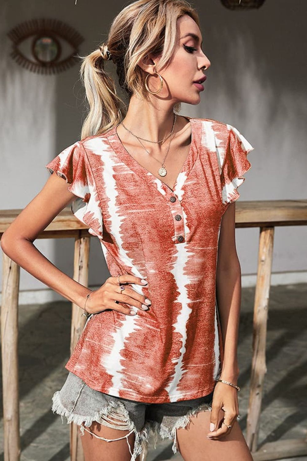 Tie-Dye Buttoned Flutter Sleeve Blouse