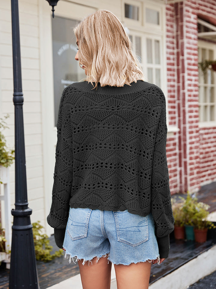 V-Neck Openwork Long Sleeve Sweater