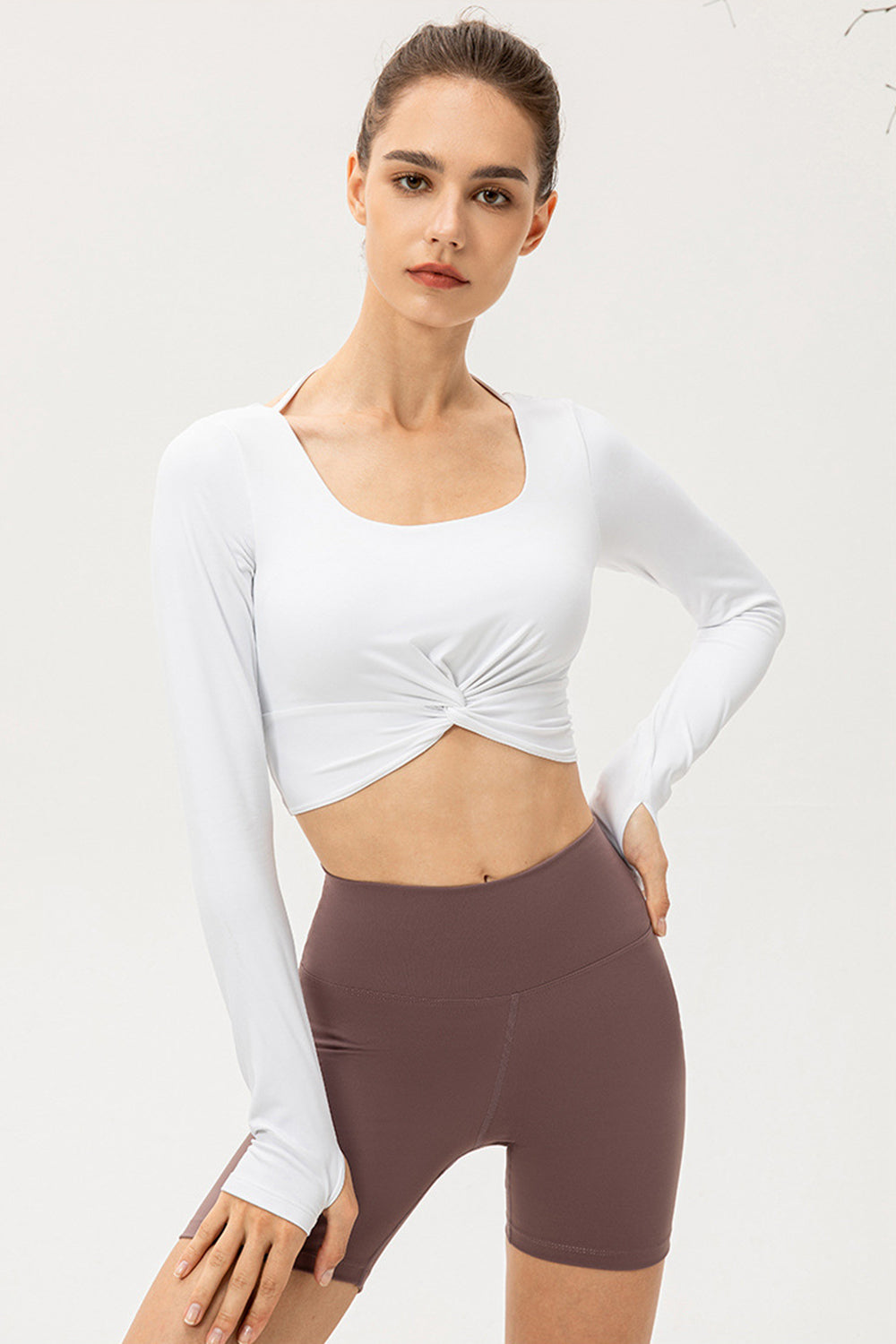 Twist Front Square Neck Long Sleeve Cropped Sports Top