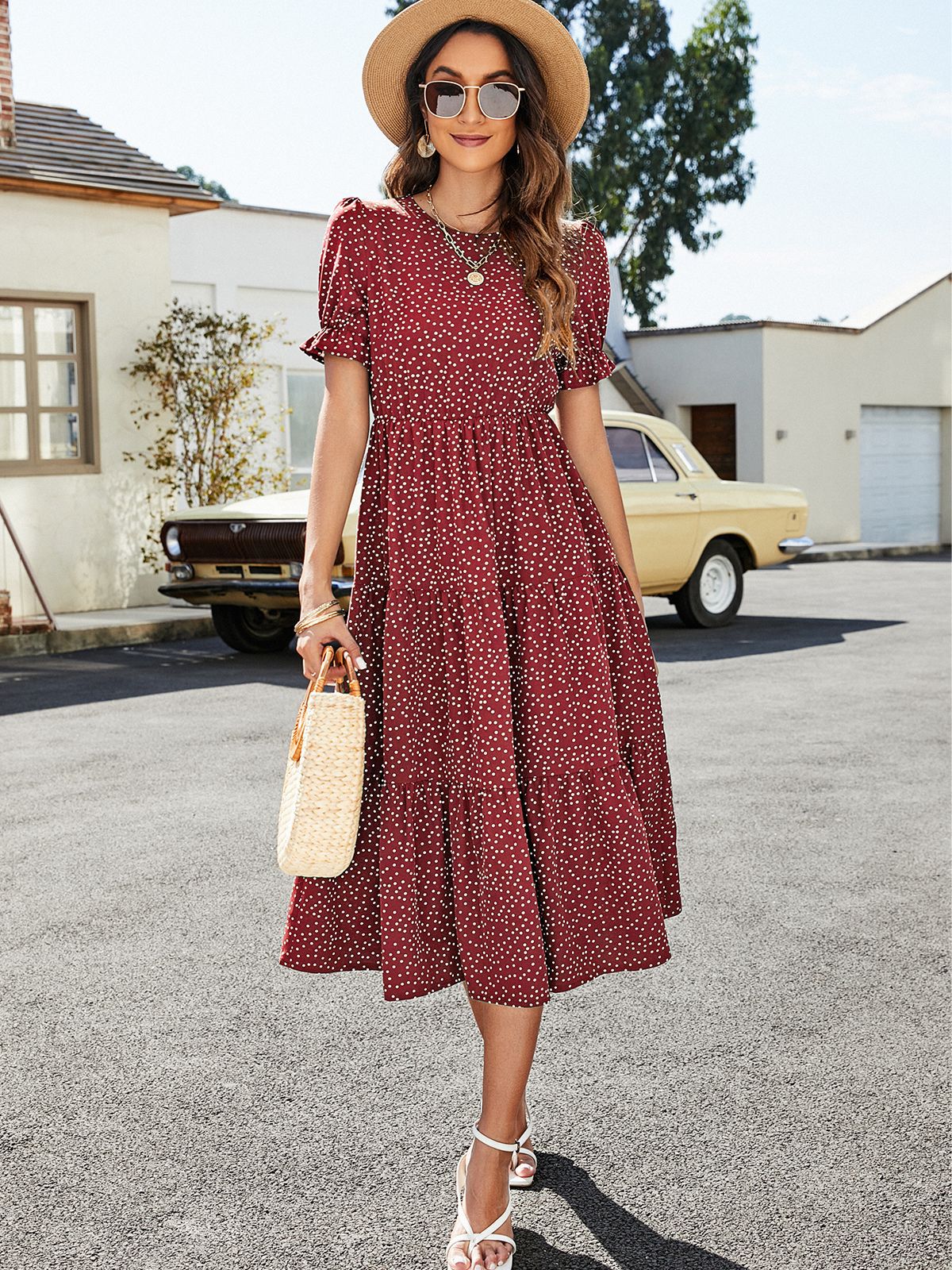 Polka Dot Short Flounce Sleeve Tiered Midi Dress