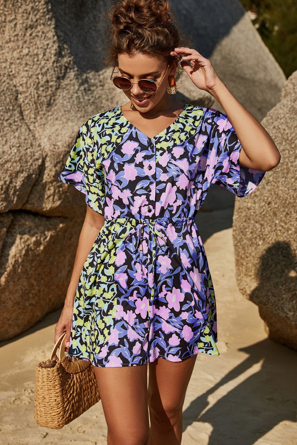 Floral Tie-Waist Button Front Romper