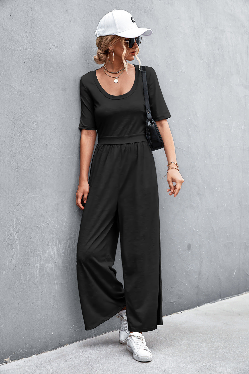 Scoop Neck Half Sleeve Wide Leg Jumpsuit