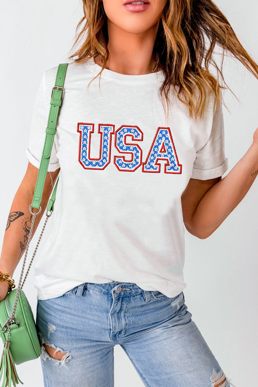 USA Graphic Embroidered Round Neck T-Shirt