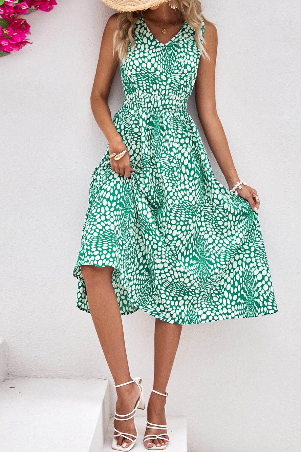 Printed V-Neck Sleeveless Dress