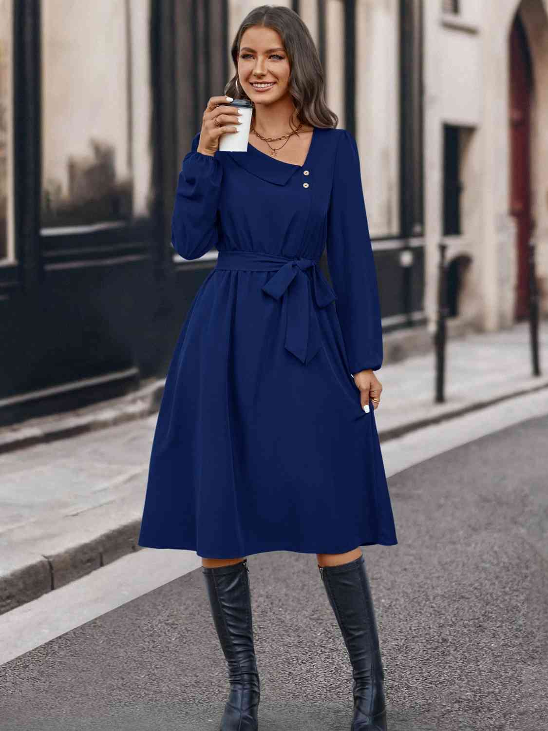 Buttoned Tie Front Long Sleeve Asymmetrical Neck Dress