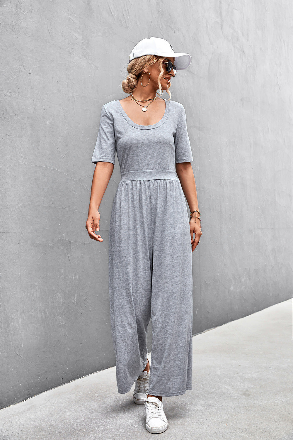 Scoop Neck Half Sleeve Wide Leg Jumpsuit