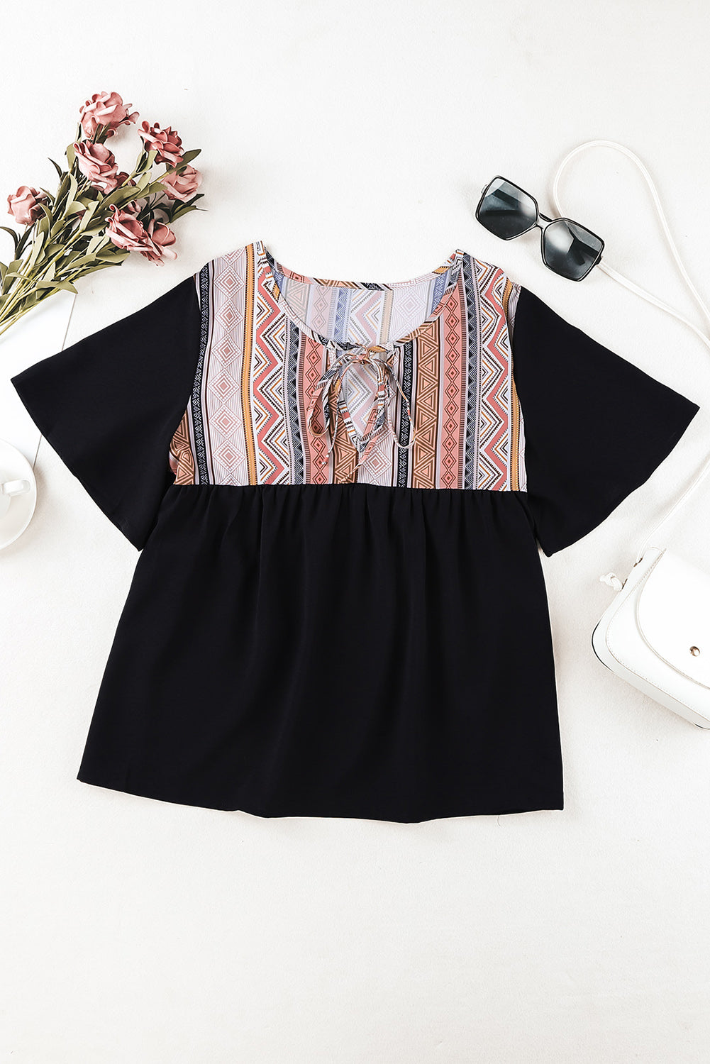 Geometric Print Color Block Tied Babydoll Blouse